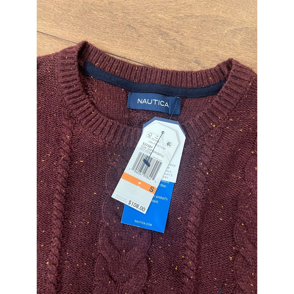 Nautica Mens Cable Knit Crewneck Sweater Burgundy Nep Fleck S37307 Size S - Picture 4 of 5